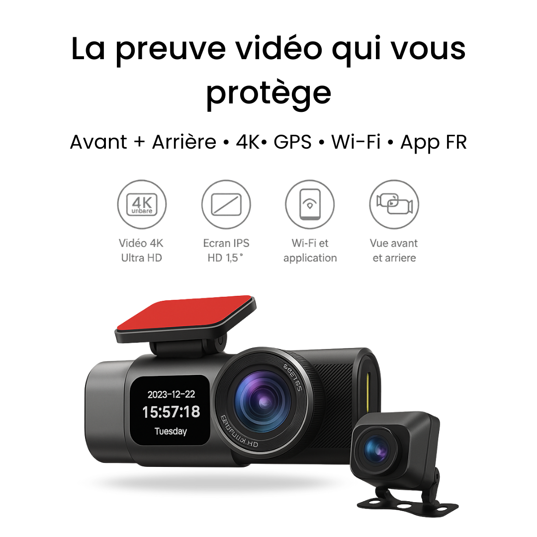 Dashcam Duo 4K – Avant + Arrière, GPS, Wi-Fi, App FR