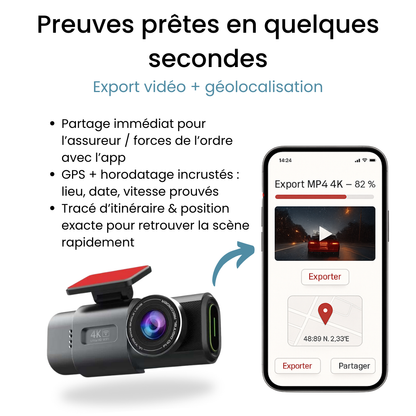Dashcam Duo 4K – Avant + Arrière, GPS, Wi-Fi, App FR