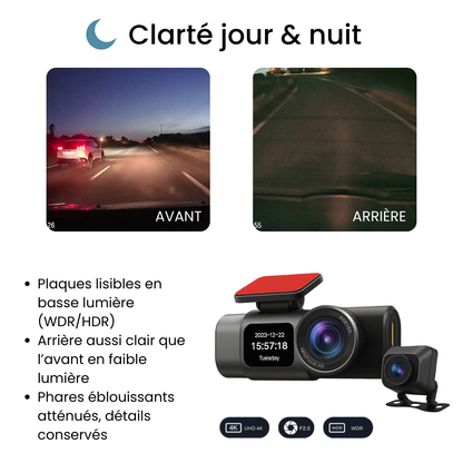 Dashcam Duo 4K – Avant + Arrière, GPS, Wi-Fi, App FR